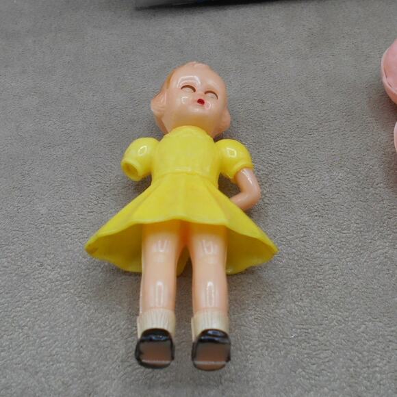 Vintage Celluloid Carnival Prize Toy Doll Lot: Girl in Yellow Dress & 2 Babies - Picture 9 of 9